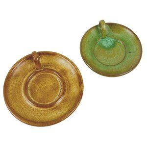 Pottery Trinket Dishes Set of 2 Brown Green Candleholder Thumb Handle Small Vtg
